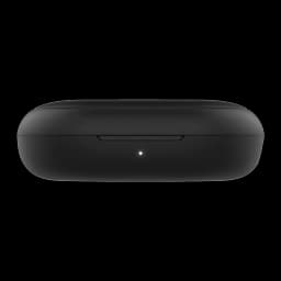Belkin SoundForm Rhythm ANC True Wireless noir, vue de face: étui fermé avec LED indicateur et fente d'ouverture