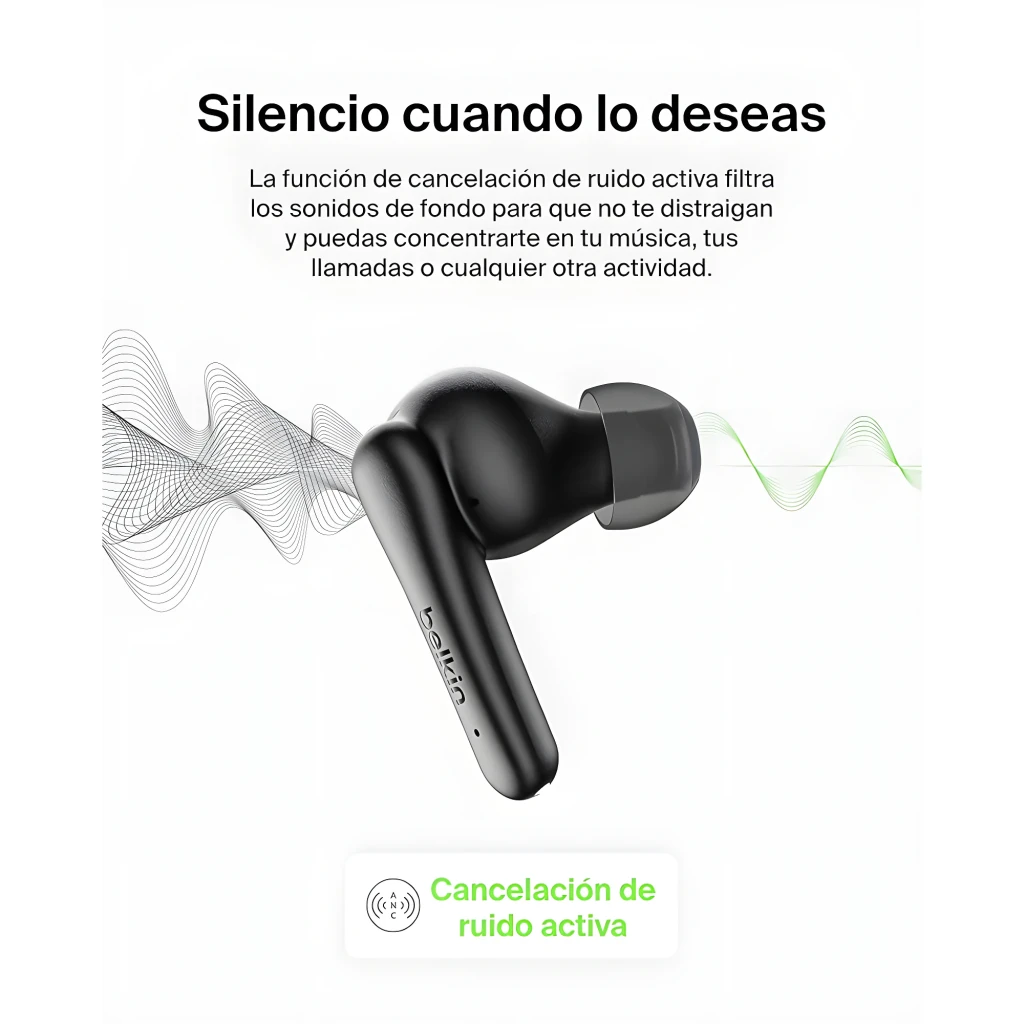 Belkin SoundForm Rhythm ANC True Wireless negro, vista frontal: auriculares extraídos del estuche abierto con indicadores LED - Ítem6