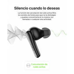 Belkin SoundForm Rhythm ANC True Wireless noir, détail ANC: écouteur noir avec ondes sonores illustrant la réduction active