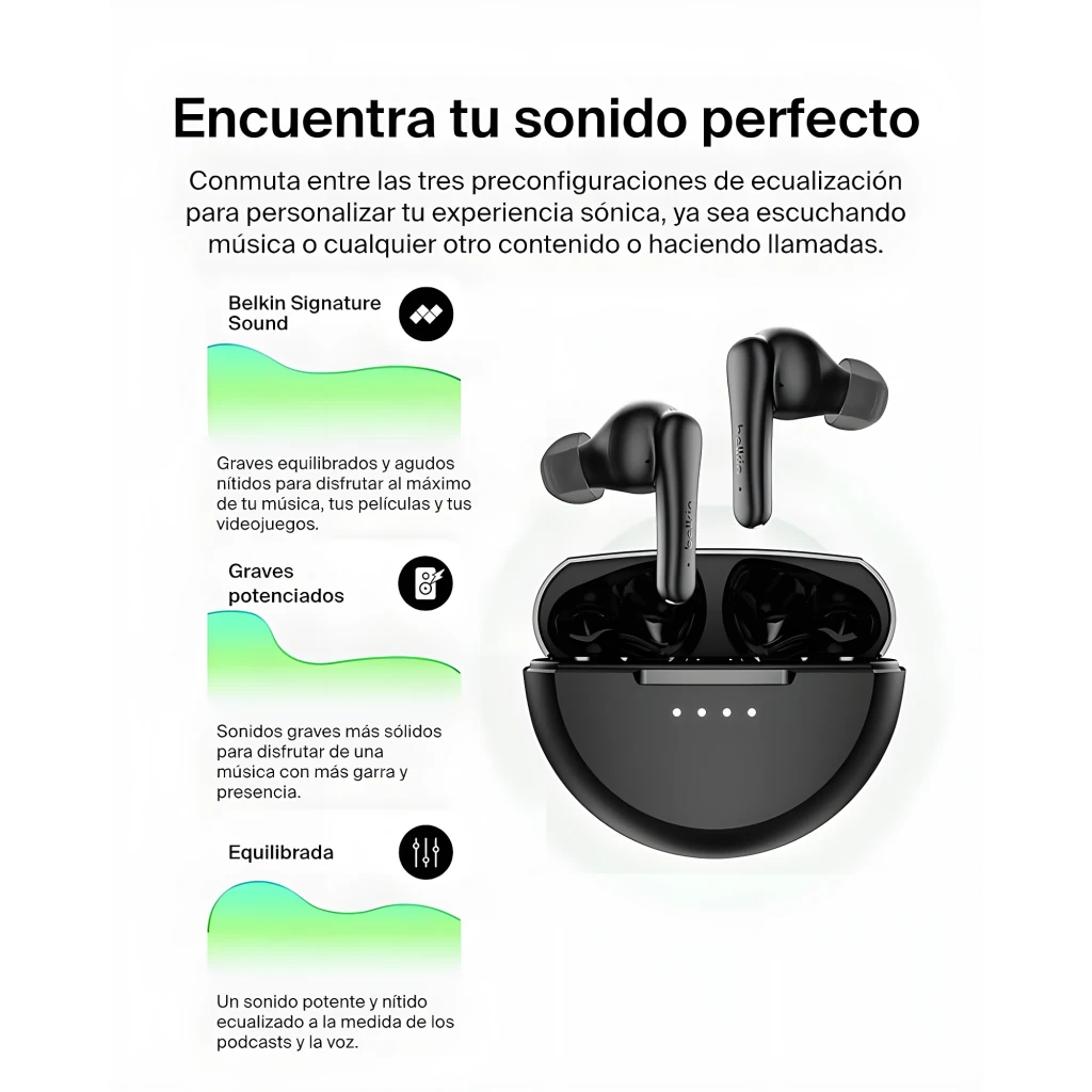 Belkin SoundForm Rhythm ANC True Wireless negro, vista frontal: auriculares extraídos del estuche abierto con indicadores LED - Ítem7