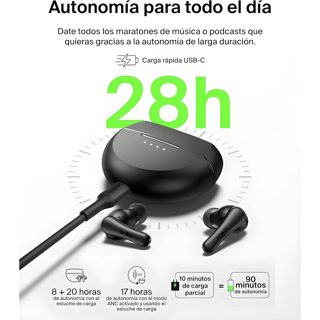 Belkin SoundForm Rhythm ANC True Wireless negro, vista frontal: auriculares extraídos del estuche abierto con indicadores LED - Ítem8