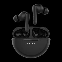 Belkin Écouteurs SoundForm Rhythm Noir, vue de face: étui ouvert avec les deux écouteurs sortis et 4 LEDs de batterie