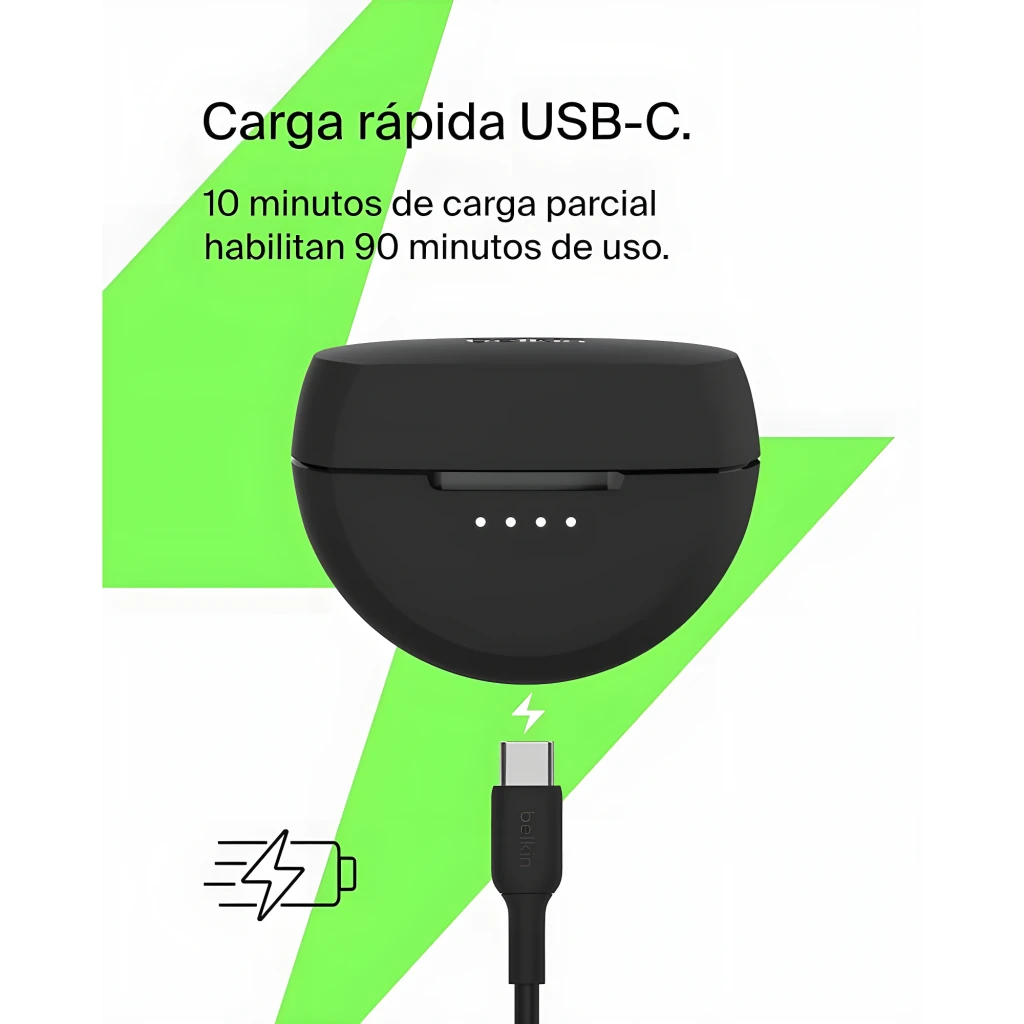 Belkin Auriculares SoundForm Rhythm Preto, vista frontal: estojo aberto com ambos os earbuds retirados e 4 LEDs de bateria - Item10