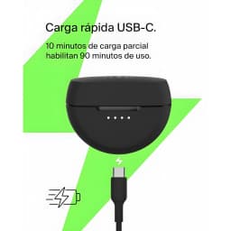 Belkin SoundForm Rhythm noir, détail charge: étui noir vu du dessus avec indicateurs LED et câble USB-C