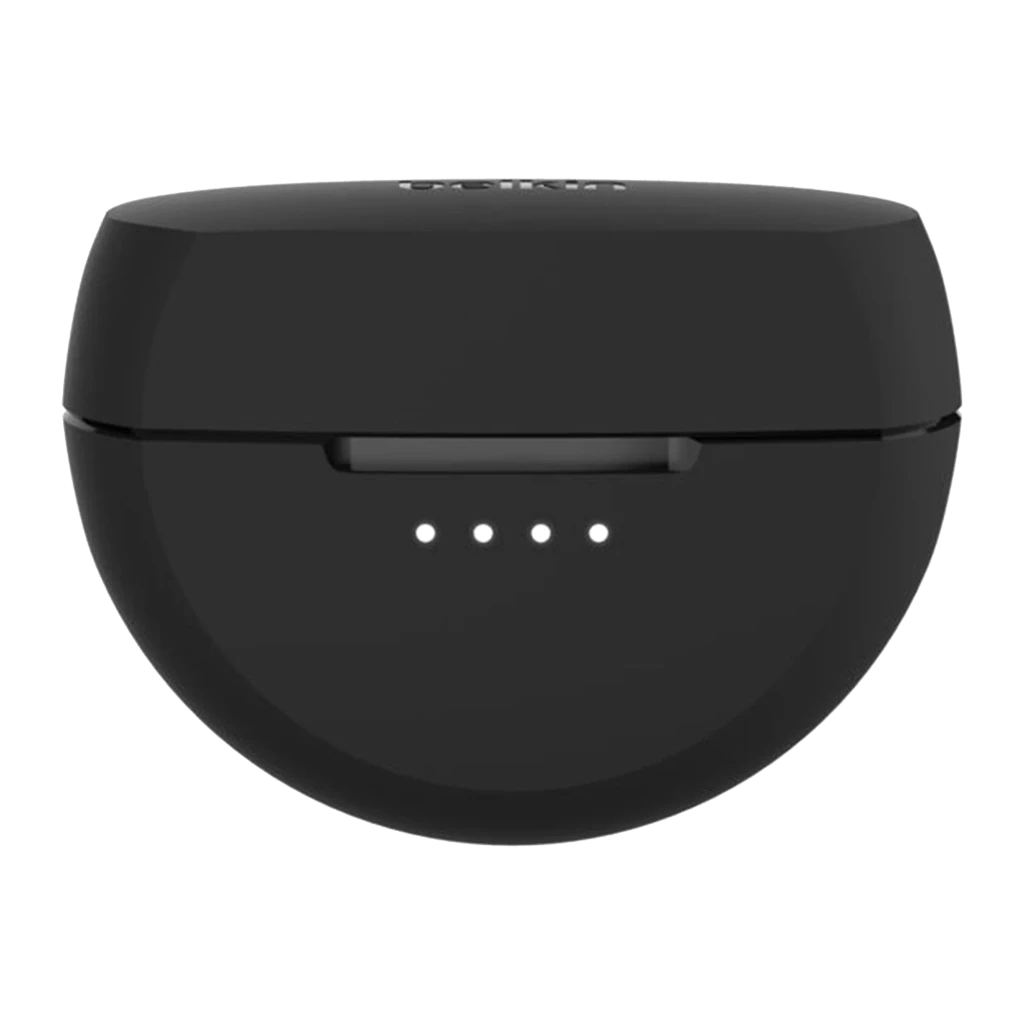 Belkin Auriculares SoundForm Rhythm Preto, vista frontal: estojo aberto com ambos os earbuds retirados e 4 LEDs de bateria - Item1