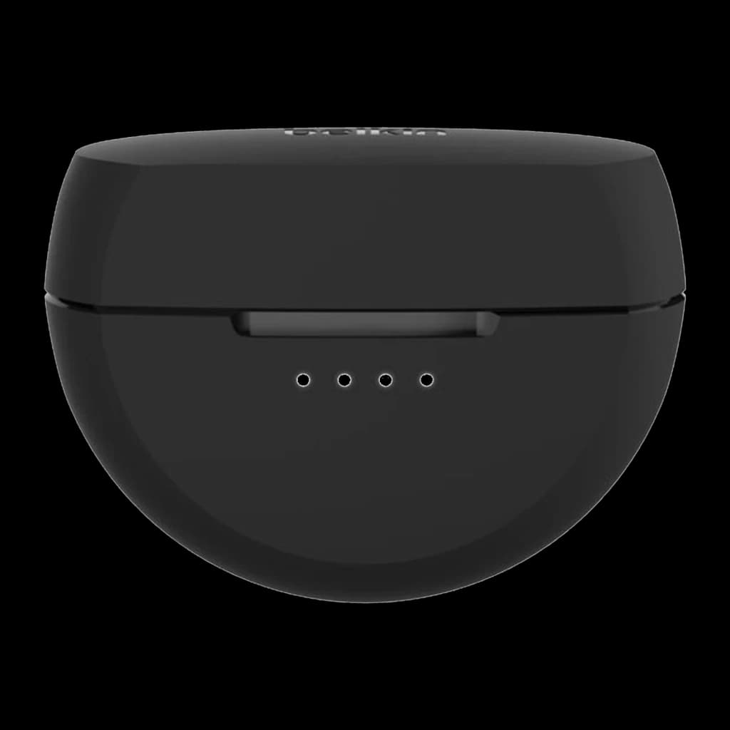 Belkin Écouteurs SoundForm Rhythm Noir, vue de face étui fermé: couvercle avec logo Belkin, charnière et 4 LEDs