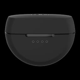 Belkin Écouteurs SoundForm Rhythm Noir, vue de face étui fermé: couvercle avec logo Belkin, charnière et 4 LEDs