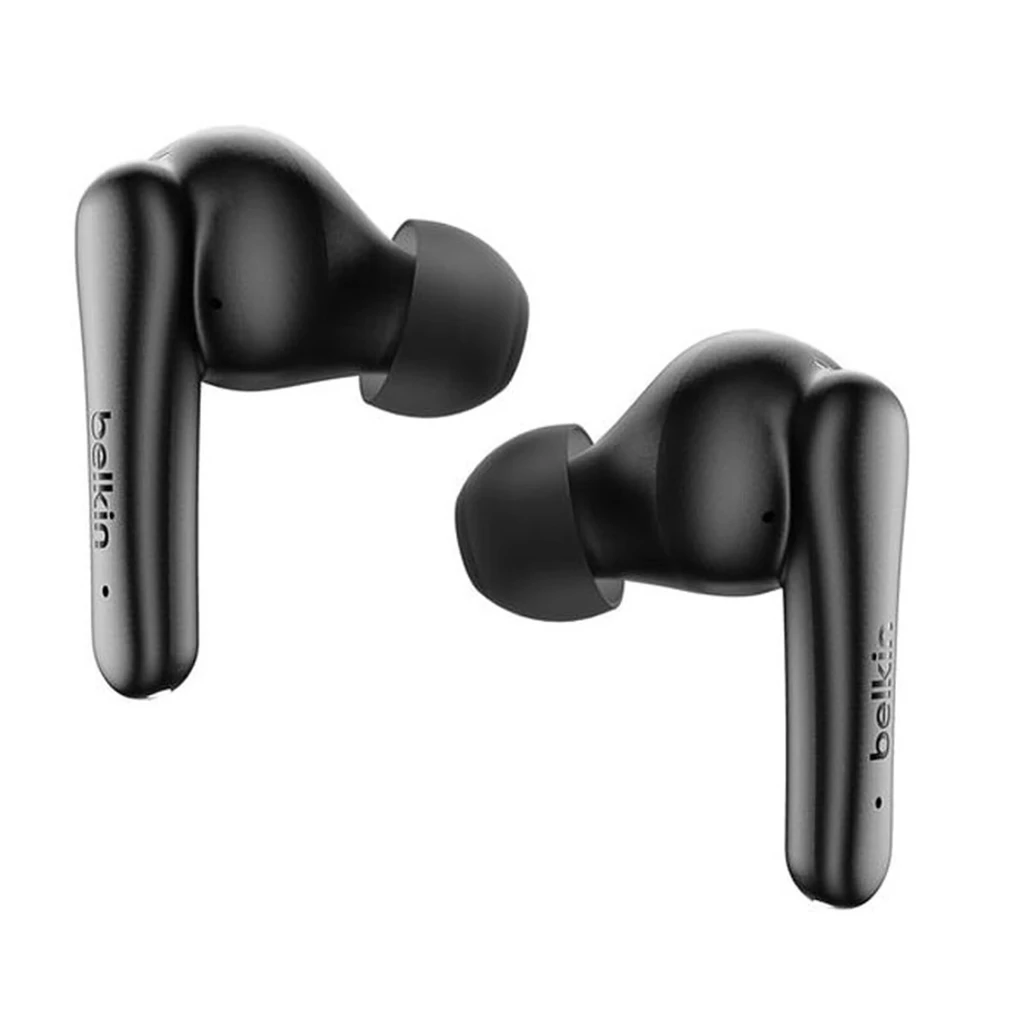 Belkin Auriculares SoundForm Rhythm Preto, vista frontal: estojo aberto com ambos os earbuds retirados e 4 LEDs de bateria - Item2