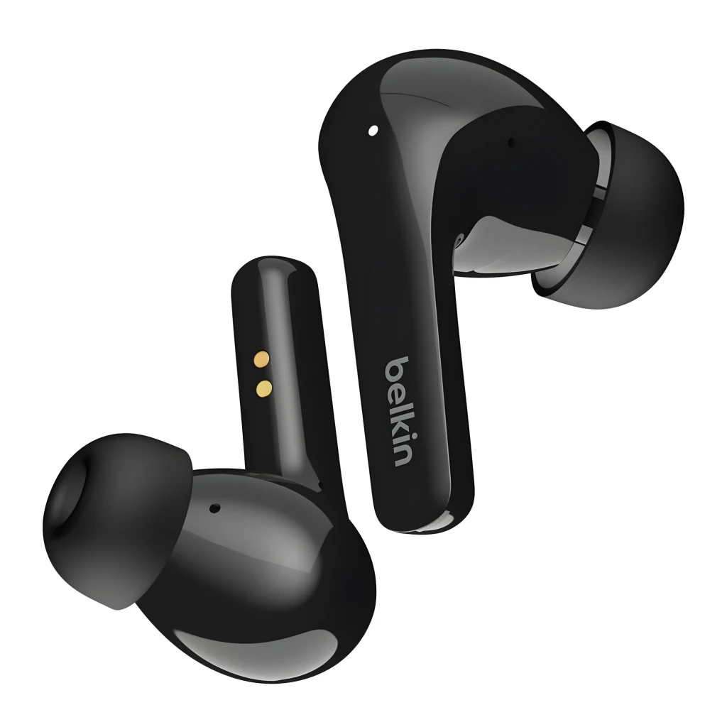 Belkin Auriculares SoundForm Rhythm Preto, vista frontal: estojo aberto com ambos os earbuds retirados e 4 LEDs de bateria - Item3