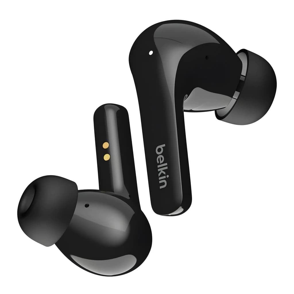 Belkin SoundForm Rhythm Noir, vue avant: deux écouteurs true wireless avec contacts de charge dorés et logo Belkin