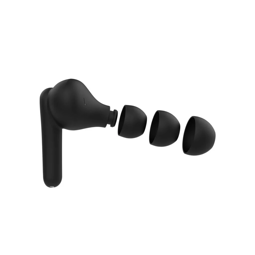 Belkin Auriculares SoundForm Rhythm Preto, vista frontal: estojo aberto com ambos os earbuds retirados e 4 LEDs de bateria - Item4