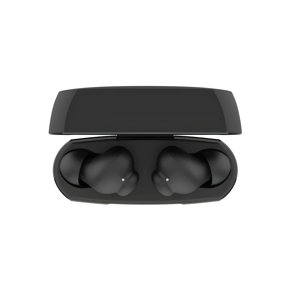Belkin Auriculares SoundForm Rhythm Preto, vista frontal: estojo aberto com ambos os earbuds retirados e 4 LEDs de bateria - Item6
