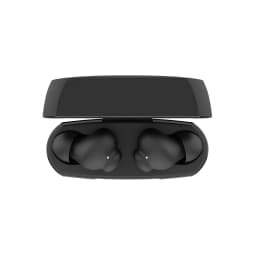 Belkin SoundForm Rhythm Noir, vue du dessus: étui ouvert avec les deux écouteurs logés à l'intérieur