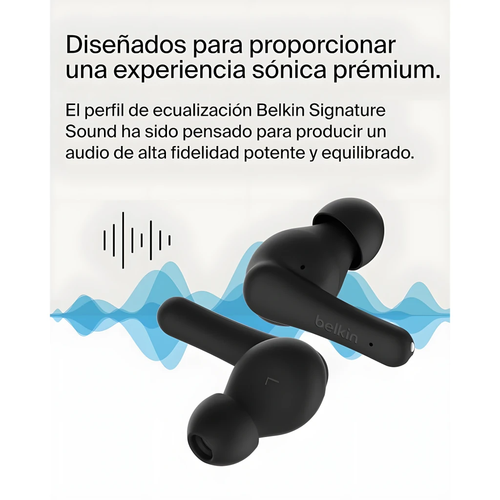 Belkin Auriculares SoundForm Rhythm Preto, vista frontal: estojo aberto com ambos os earbuds retirados e 4 LEDs de bateria - Item7