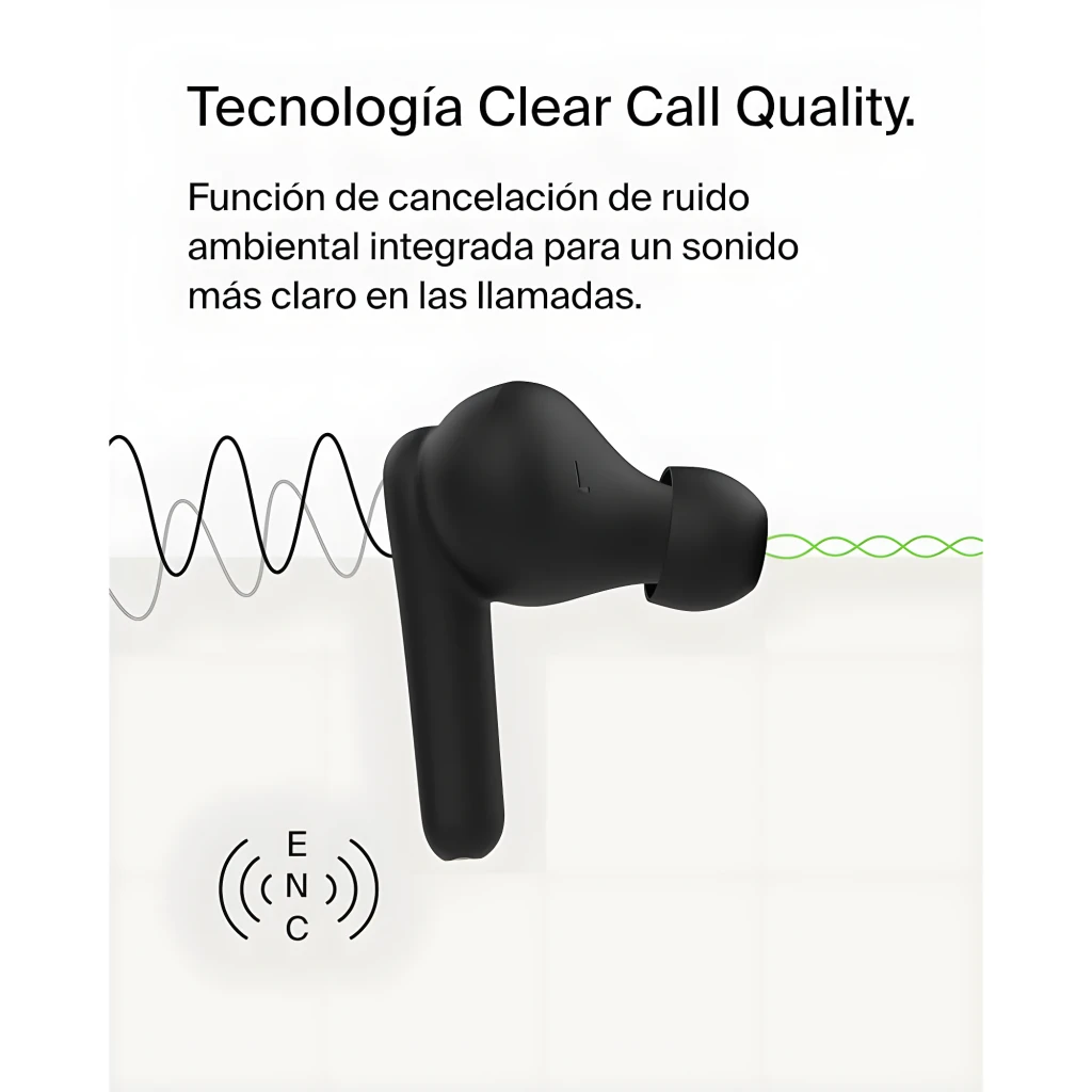 Belkin Auriculares SoundForm Rhythm Preto, vista frontal: estojo aberto com ambos os earbuds retirados e 4 LEDs de bateria - Item8