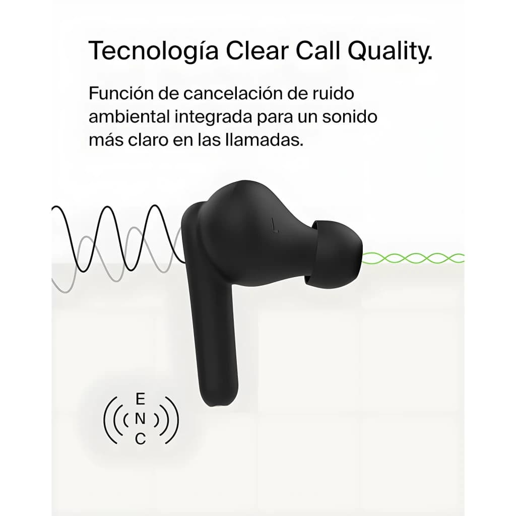Belkin SoundForm Rhythm Noir, détail: écouteur noir avec graphique ENC et ondes sonores illustrant la réduction de bruit