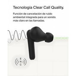 Belkin SoundForm Rhythm Noir, détail: écouteur noir avec graphique ENC et ondes sonores illustrant la réduction de bruit