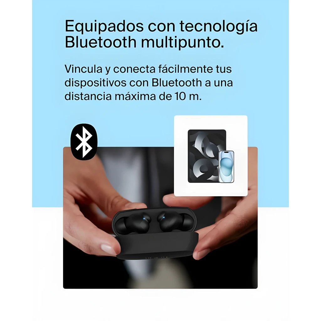 Belkin Auriculares SoundForm Rhythm Preto, vista frontal: estojo aberto com ambos os earbuds retirados e 4 LEDs de bateria - Item9