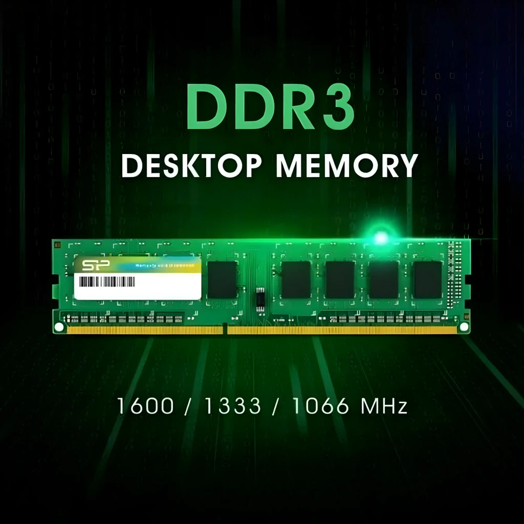 Silicon Power SP008GLLTU160N02 8GB DDR3L Verde, vista frontal: PCB verde com chips pretos e etiqueta SP - Item2