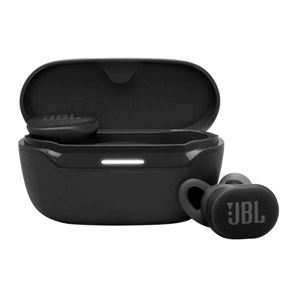 JBL Endurance Race 2 negro, vista frontal: estuche abierto con LED blanco y auricular derecho con logo JBL
