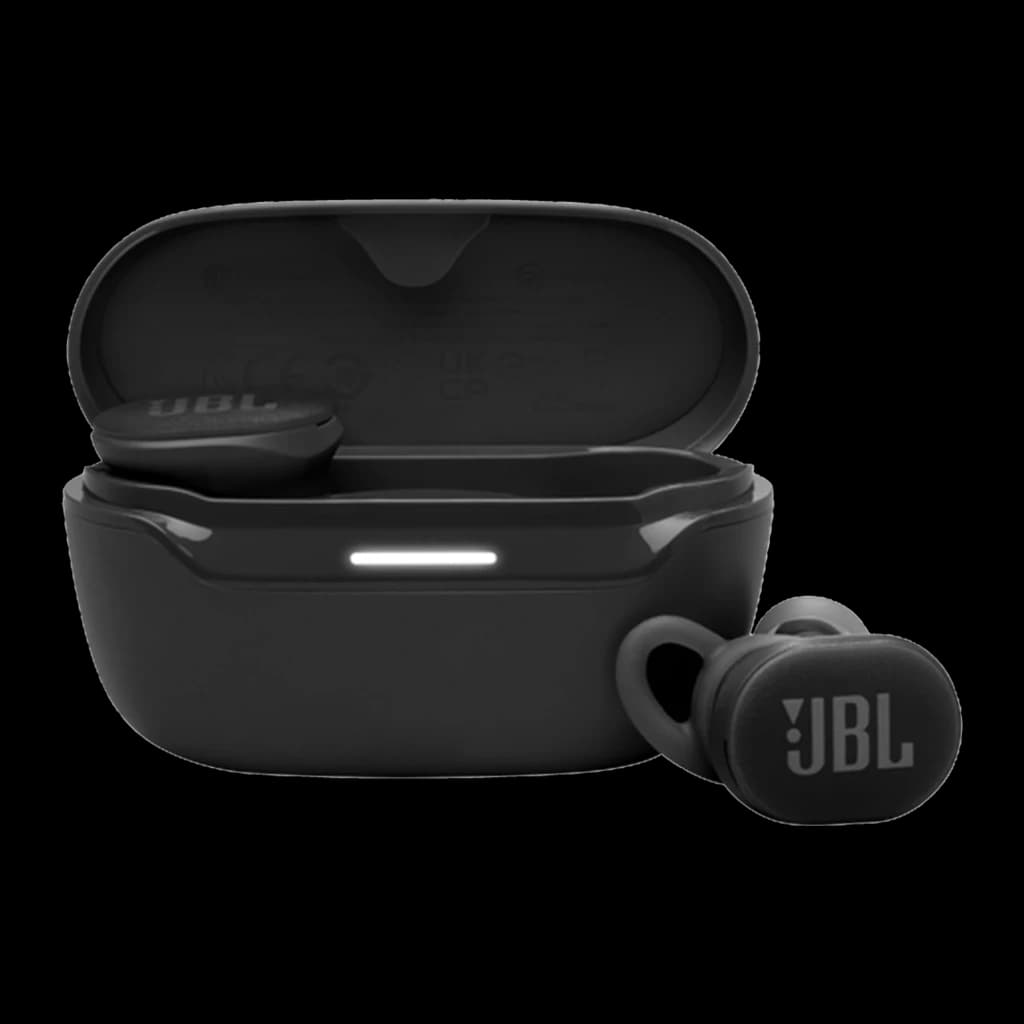 JBL Endurance Race 2 negro, vista frontal: estuche abierto con LED blanco y auricular derecho con logo JBL