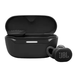 JBL Endurance Race 2 negro, vista frontal: estuche abierto con LED blanco y auricular derecho con logo JBL