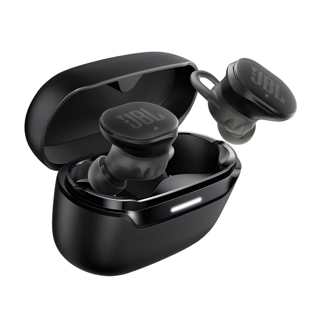 JBL Auriculares Bluetooth Endurance Race 2 negro, vista en perspectiva: estuche abierto con un auricular dentro y otro fuera