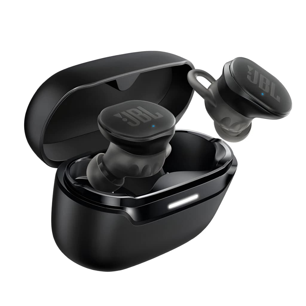 JBL Auriculares Bluetooth Endurance Race 2 negro, vista en perspectiva: estuche abierto con un auricular dentro y otro fuera