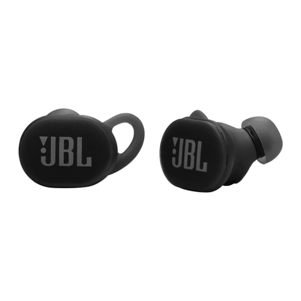 JBL Auriculares Bluetooth Endurance Race 2 Negro, vista frontal: dos auriculares true wireless negros con logo JBL y gancho
