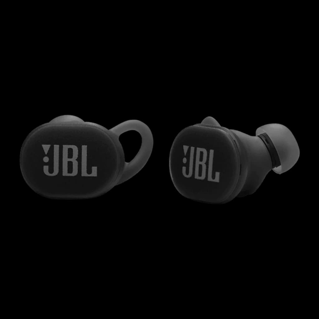 JBL Auriculares Bluetooth Endurance Race 2 Negro, vista frontal: dos auriculares true wireless negros con logo JBL y gancho