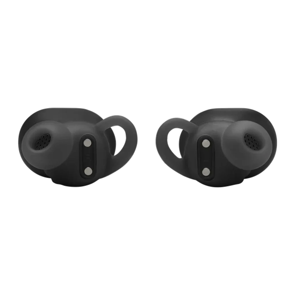 JBL Auriculares Bluetooth Endurance Race 2 Negro, vista frontal: ambos earbuds con ganchos y contactos de carga visibles