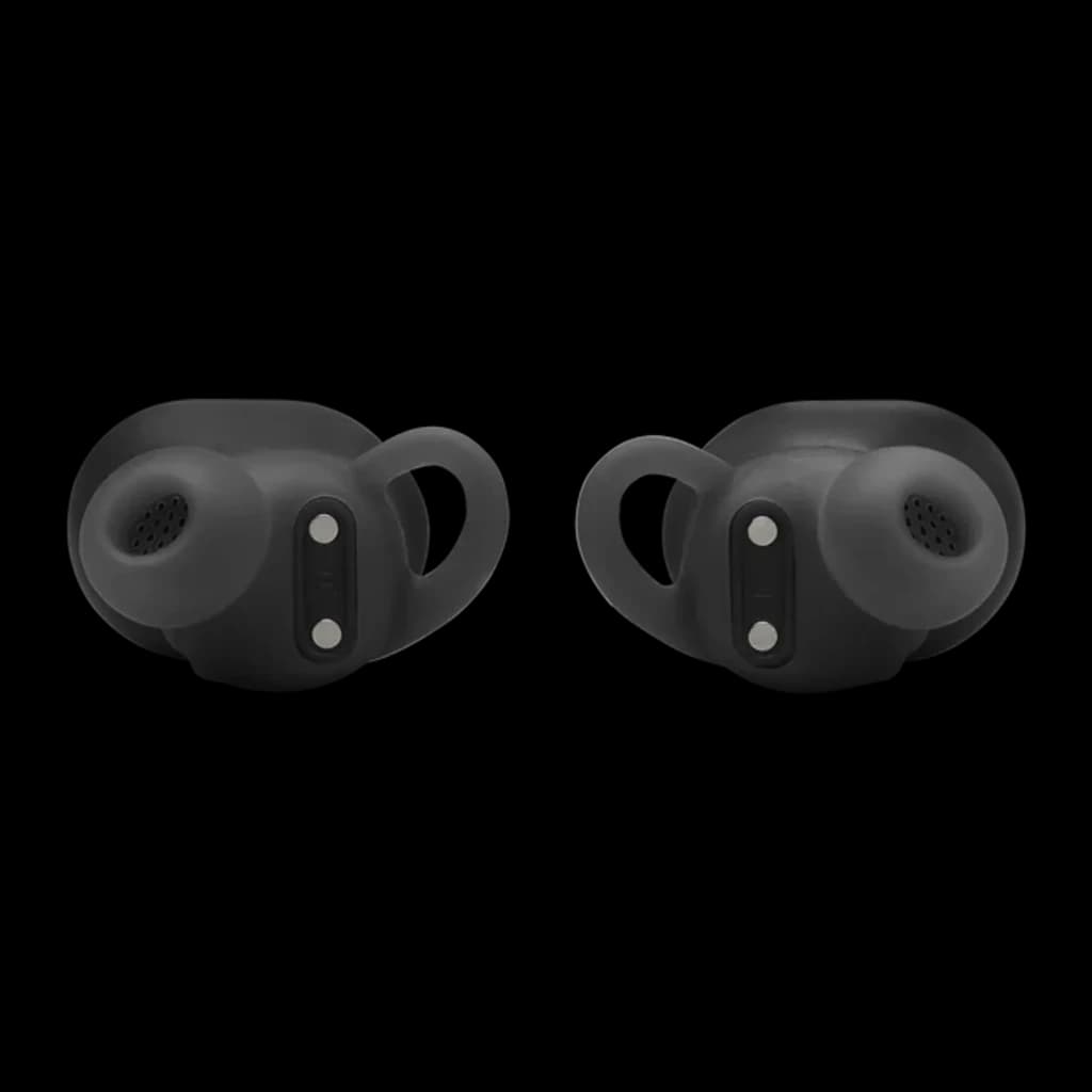 JBL Auriculares Bluetooth Endurance Race 2 Negro, vista frontal: ambos earbuds con ganchos y contactos de carga visibles