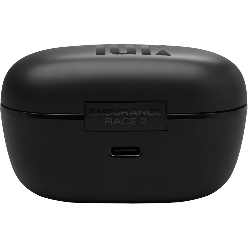 JBL Endurance Race 2 negro, vista frontal estuche cerrado: logo JBL, texto Endurance Race 2 y puerto USB-C