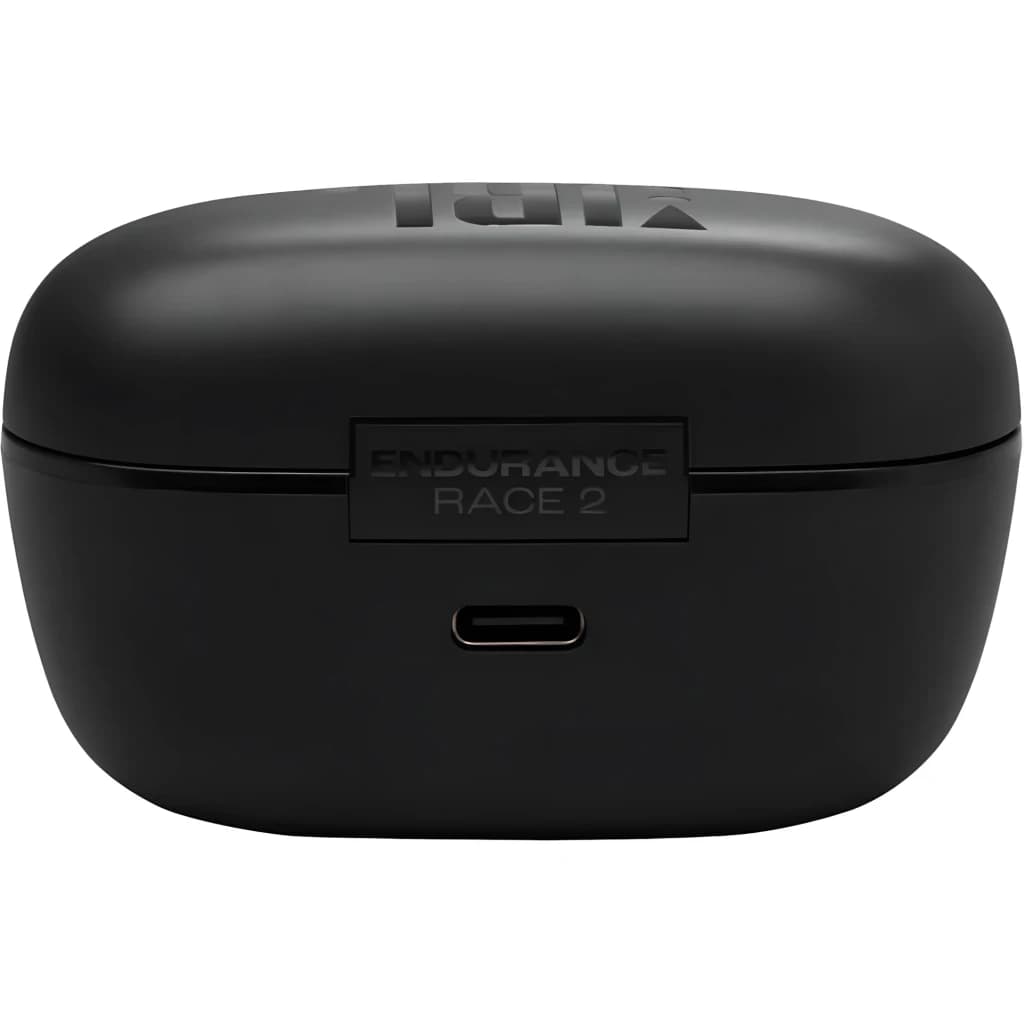 JBL Endurance Race 2 negro, vista frontal estuche cerrado: logo JBL, texto Endurance Race 2 y puerto USB-C