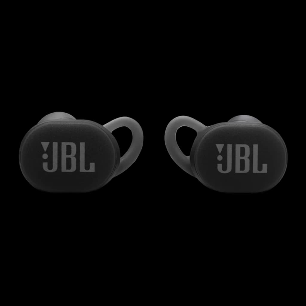 JBL Endurance Race 2 negro, vista frontal: ambos auriculares con logo JBL y ganchos de sujeción visibles