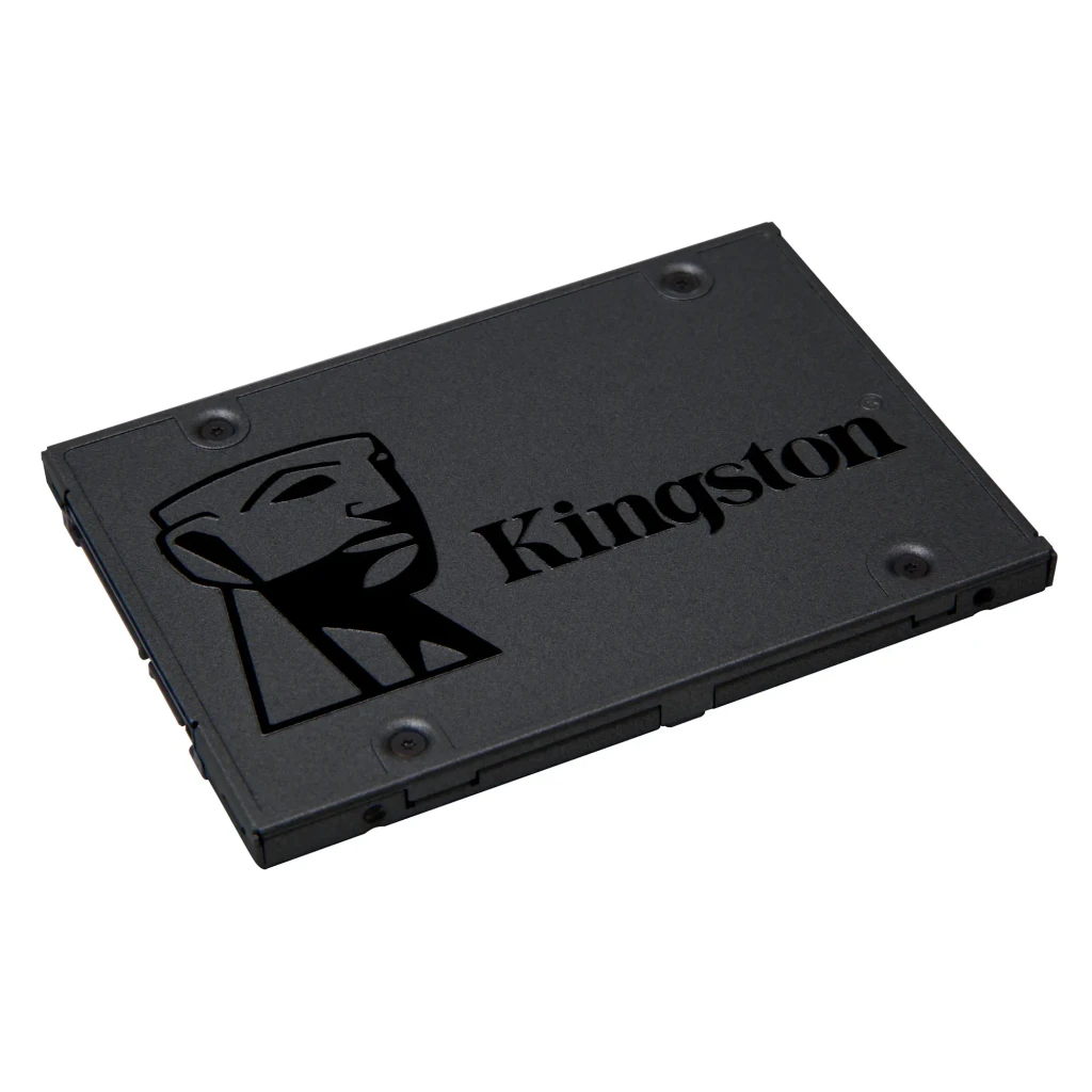 Kingston SSD A400 480GB noir, vue de face: boîtier texturé avec logo Kingston et vis aux coins - Ítem2