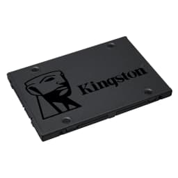 Kingston SSD A400 480GB preto, vista em perspectiva: carcaça metálica com logo Kingston em relevo e parafusos nos cantos