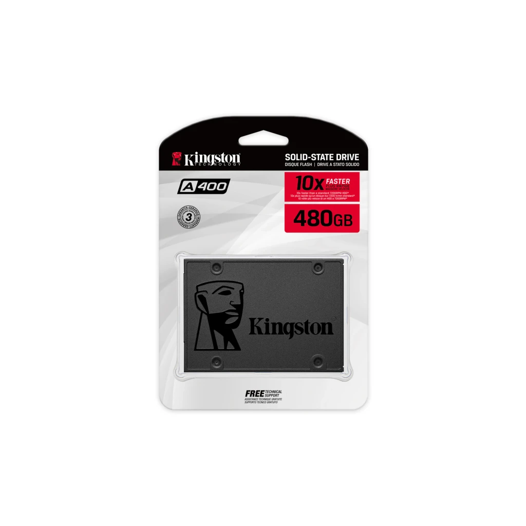 Kingston SSD A400 480GB noir, vue de face: boîtier texturé avec logo Kingston et vis aux coins - Ítem3