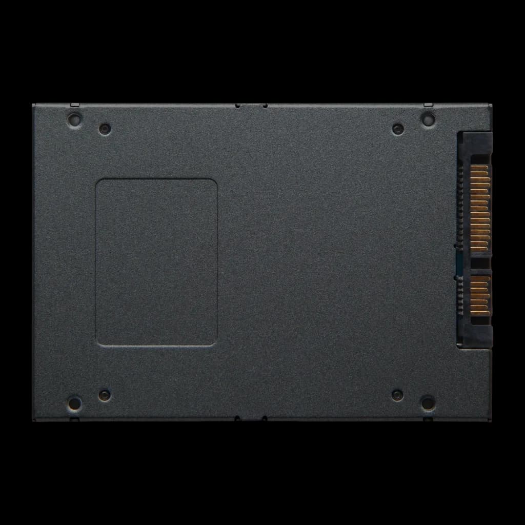 Kingston SSD A400 480GB preto, vista traseira: carcaça metálica cinza escuro com conector SATA dourado visível à direita