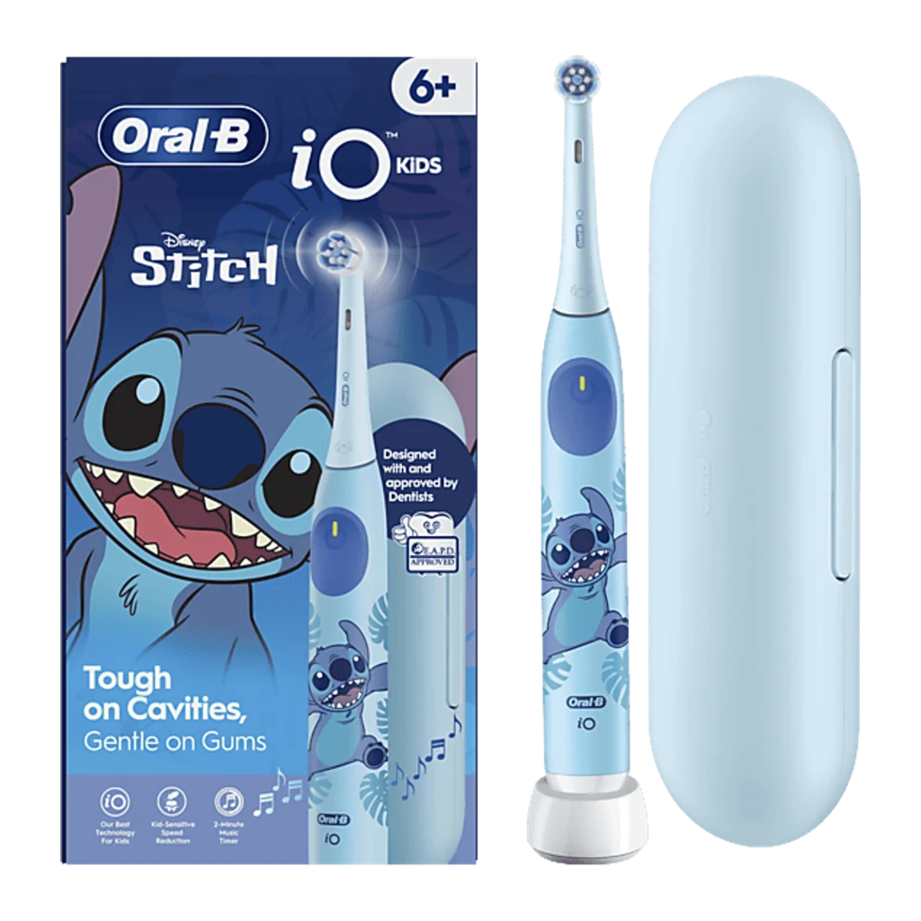 Oral-B iO Kids 6+ Stitch Azul, vista frontal completa: mango con ilustración de Stitch, cabezal redondo y base cargadora - Ítem2