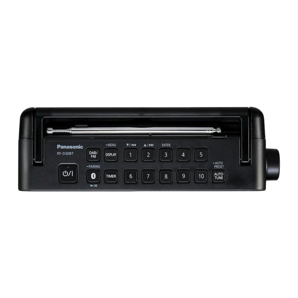 Panasonic RF-D30BT DAB+ negro, vista frontal en ángulo: rejilla plateada, pantalla LCD con hora y antena extensible - Ítem1