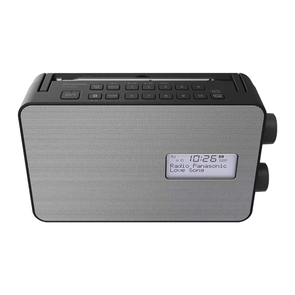 Panasonic RF-D30BT DAB+ negro, vista frontal en ángulo: rejilla plateada, pantalla LCD con hora y antena extensible - Ítem2