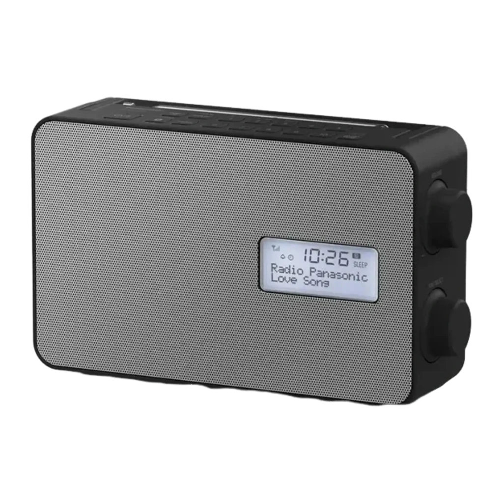 Panasonic RF-D30BT DAB+ negro, vista frontal en ángulo: rejilla plateada, pantalla LCD con hora y antena extensible - Ítem3