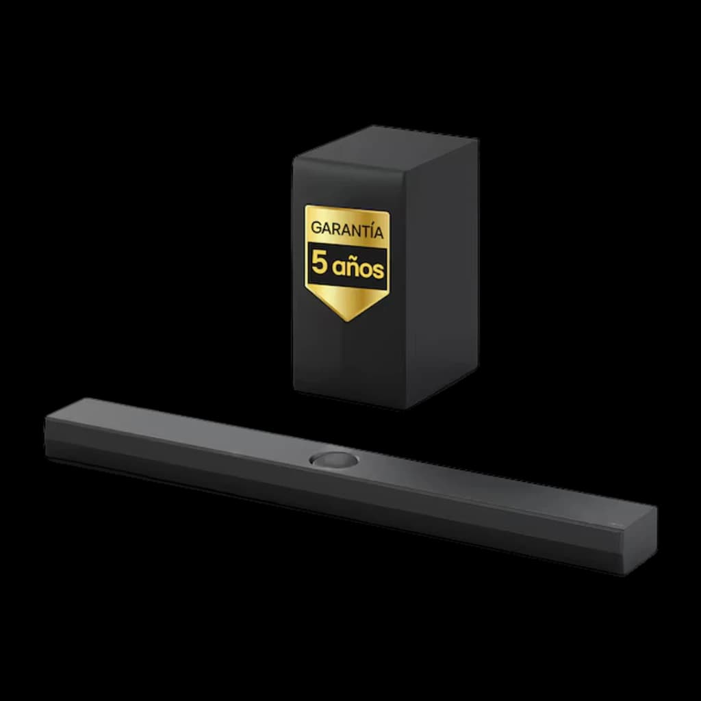 LG Barra de Sonido S70TY Negro, vista frontal: barra y subwoofer inalámbrico negro con sello garantía 5 años