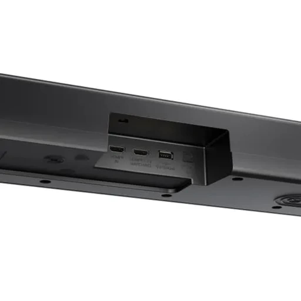 LG Barra de Sonido S70TY negro, vista inferior: panel de conectores con HDMI, USB y eARC visibles