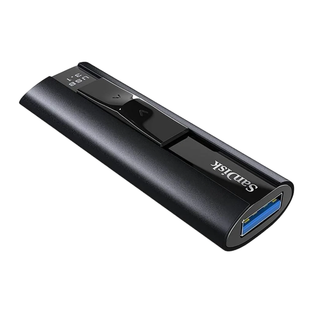 SanDisk Extreme Pro 128GB USB 3.1 negro, vista lateral: conector USB-A extendido y cuerpo metálico con logo - Ítem1