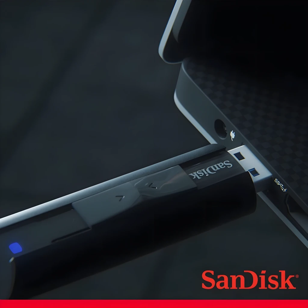 SanDisk Extreme Pro 128GB USB 3.1 negro, vista lateral: conector USB-A extendido y cuerpo metálico con logo - Ítem3