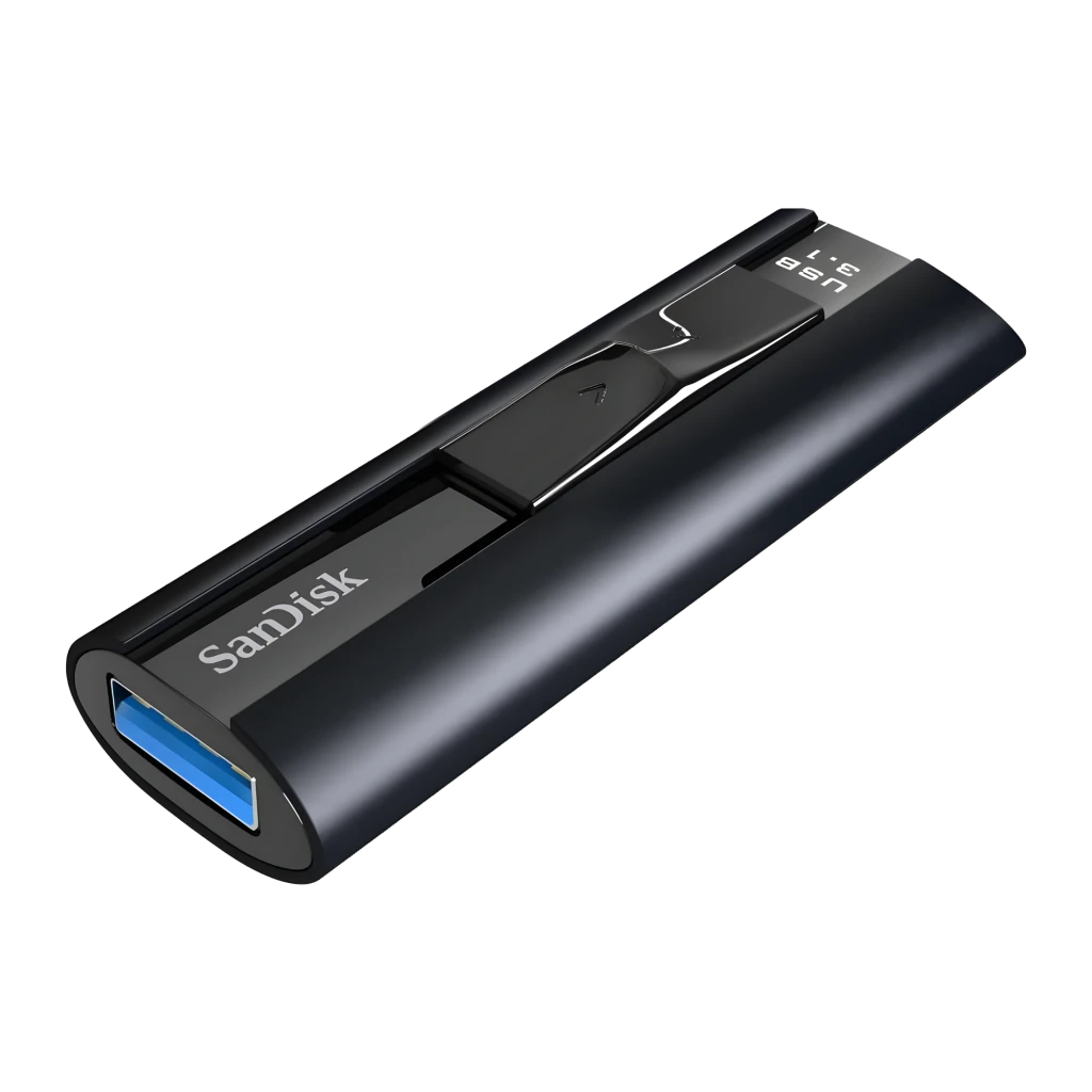 SanDisk Extreme Pro 128GB USB 3.1 negro, vista lateral: conector USB-A extendido y cuerpo metálico con logo - Ítem2