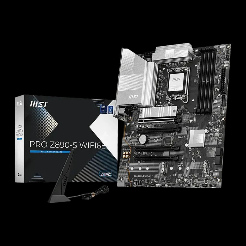 MSI PRO Z890-S WIFI6E Negro Plateado, kit completo: placa base ATX junto a caja de producto y antena WiFi incluida