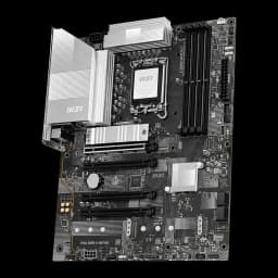 MSI PRO Z890-S WIFI6E Negro Plateado, vista superior en ángulo: panel I/O trasero visible, zona CPU y ranuras M.2 destacadas